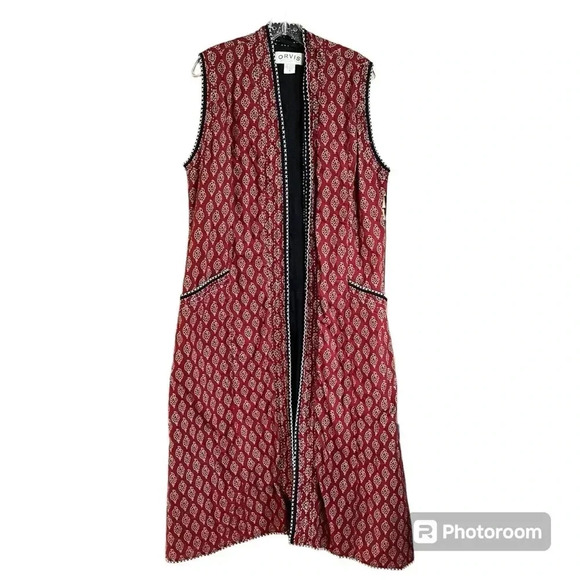 Orvis Open Overcoat Paisley Indian India Sz S Red Stitched Western Long Vest - Picture 1 of 10